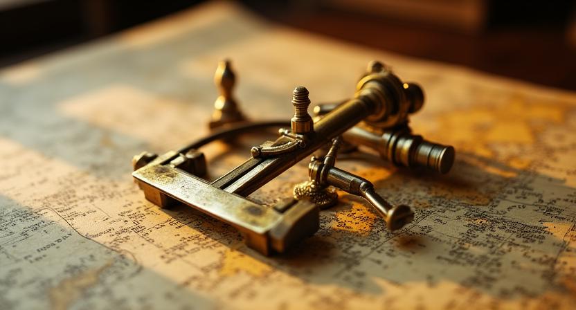 Een antieke koperen sextant op een oude houten zeekaart