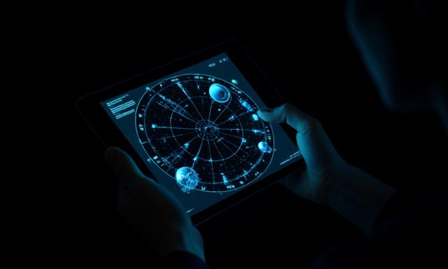 Lichtgevende blauwe digitale sterrenkaart op een tablet