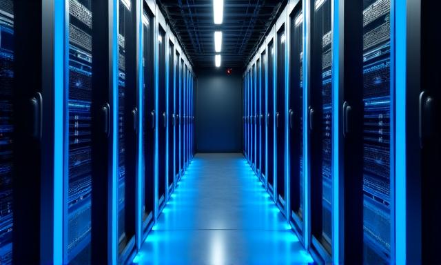 Hoog beveiligde serverruimte met blauwe futuristische verlichting